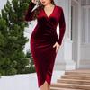 Plus Size Velvet Bodycon Dress - Long Sleeve, Pleated, Deep V Neck for Parties & Cocktails