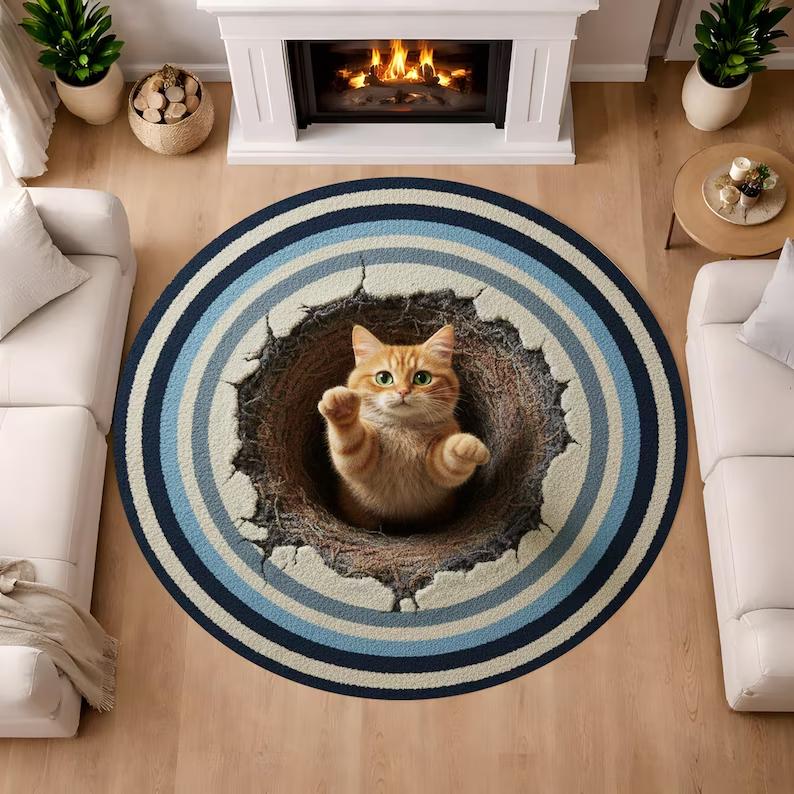 

Whimsical Black Cat Round Rug Minimalist Cat Illustration Circular Rug Abstract Water Ripple Texture Modern Cute Floor Decor 100cm