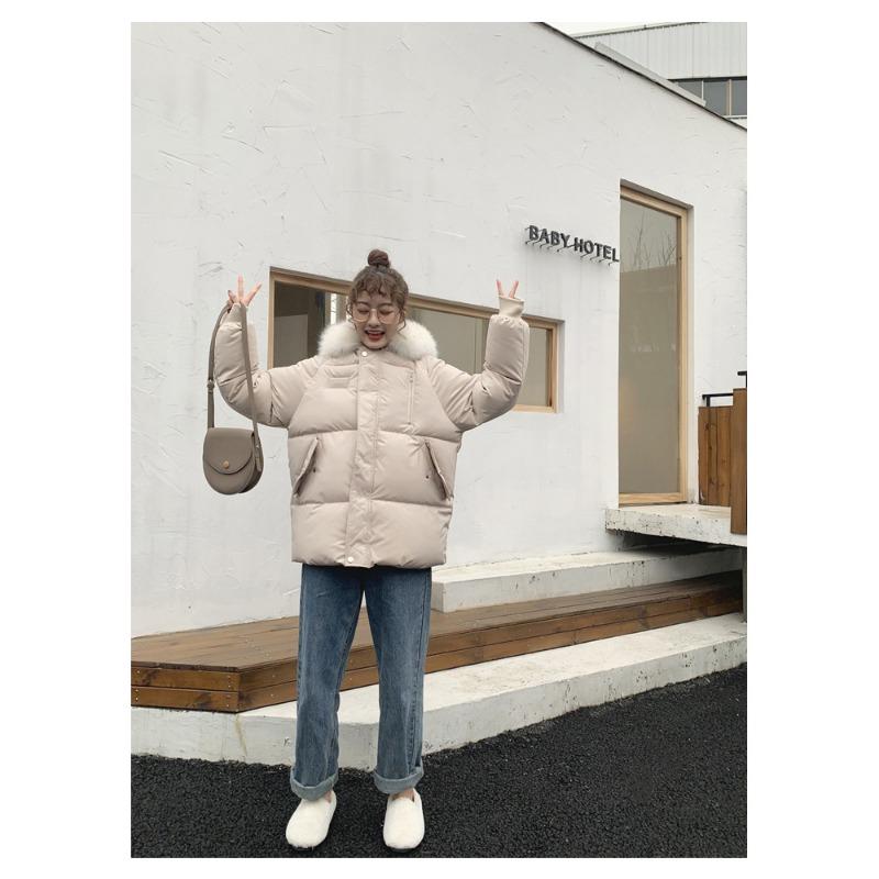 Women S Short Loose Fit Cotton Padded Coat With Big Fur Collar Winter Casual Style