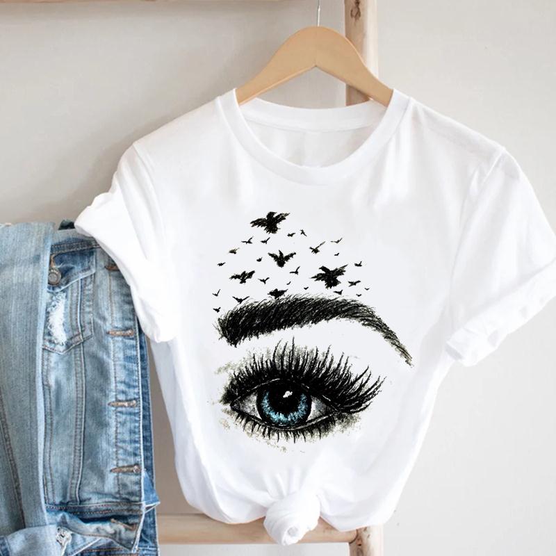 Summer Fashion Women T-shirt Short Striped Make Up Printing Spring Sleeve Lady Print Tee Top Female Clothing Casual Graphic T-shirt