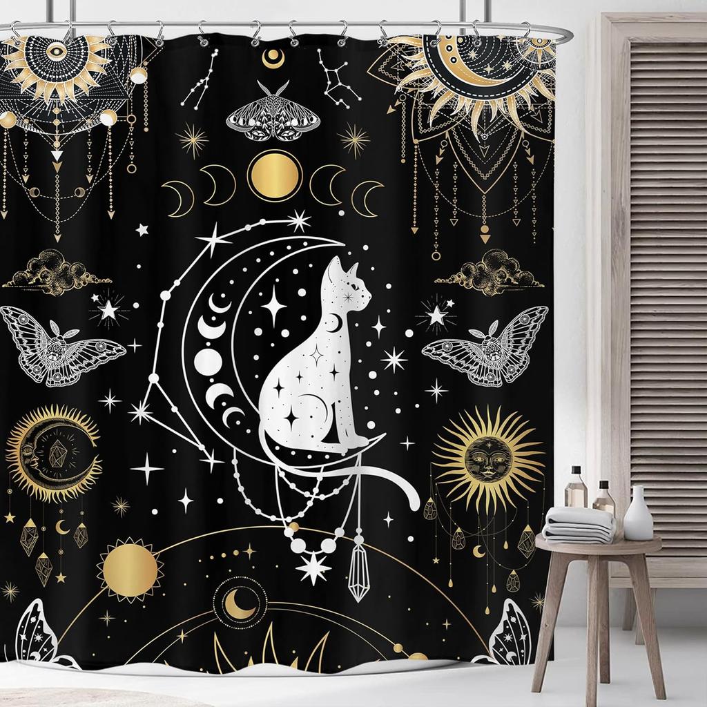 Japanese Cherry Blossom Shower Curtain Watercolor Black Red Floral Asian Chinese Mountain Sun Anime Fabric Waterproof