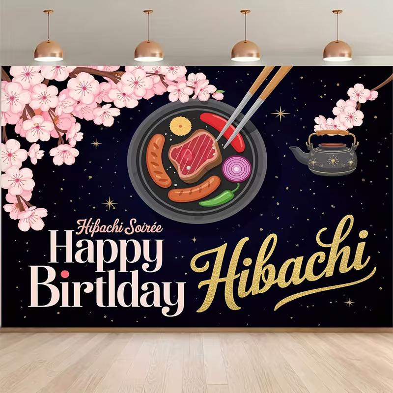 

2D Hibachi Birthday Backdrop Cherry Blossom Photography Background Banner 47.2x31.5inch/120*80cm