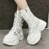 Modische Klobige Plateau-Stiefel Damen Punk Stern Schnallenriemen High Top Sneakers Frau Herbst Winter Dicke Sohle Motorradstiefel