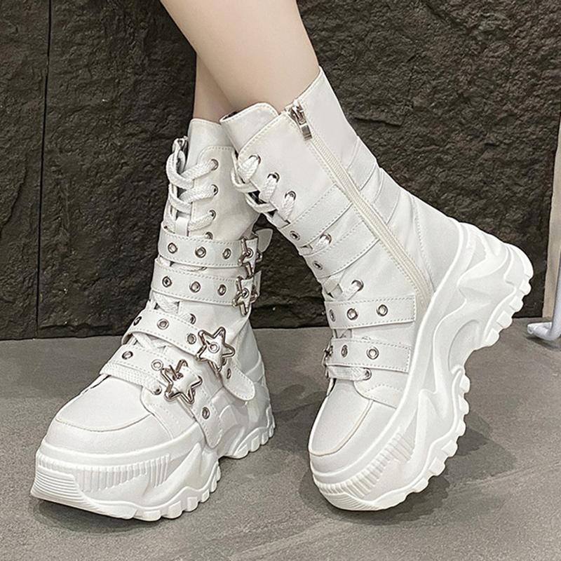 Modische Klobige Plateau-Stiefel Damen Punk Stern Schnallenriemen High Top Sneakers Frau Herbst Winter Dicke Sohle Motorradstiefel