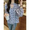 Lace Up Ruffle Edge Floral Shirt Women's Long Sleeve V-neck Female's Single Breaste Blouse French Gentle Lady's Chic Top