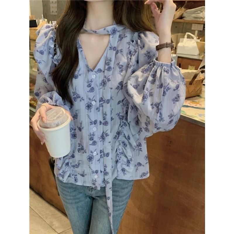 Lace Up Ruffle Edge Floral Shirt Women's Long Sleeve V-neck Female's Single Breaste Blouse French Gentle Lady's Chic Top