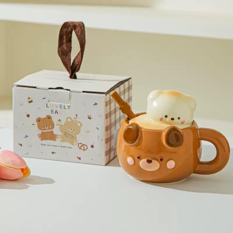 Bear Mugs with Lid High Appearance Level Ceramic Cups Creative Design Sense Milk Breakfast Cups Birthday Gifts Festival Presents