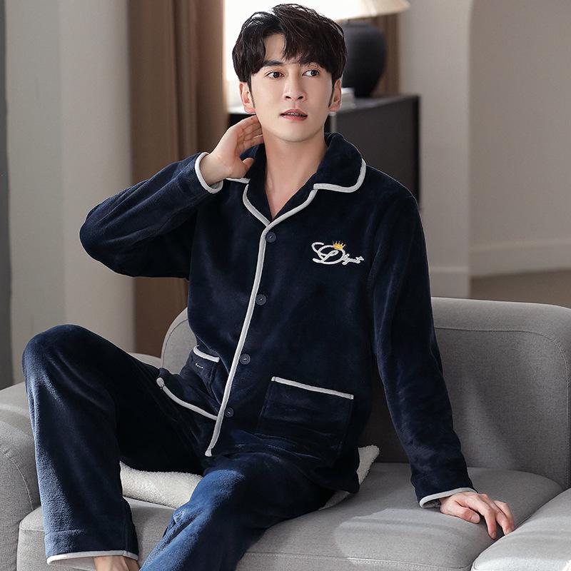 Pyjama Herren Herbst und Winter Korallenfleece Verdickt Fleece Warm Flanell Hausanzug Herren Winter und Winter Anzug