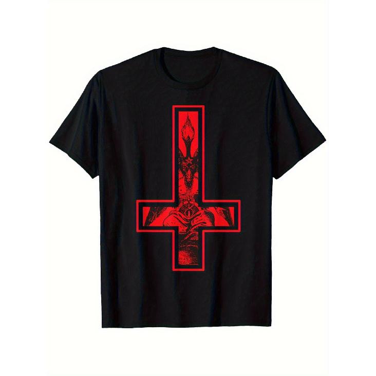 Herren Baphomet Umgekehrtes Kreuz T-Shirt - Ausgefallenes Satanisches Symbol Grafik-T-Shirt, Atmungsaktiv & Bequem für den Alltag, Schwarz mit Rotem Kreuz Design, Perfekt