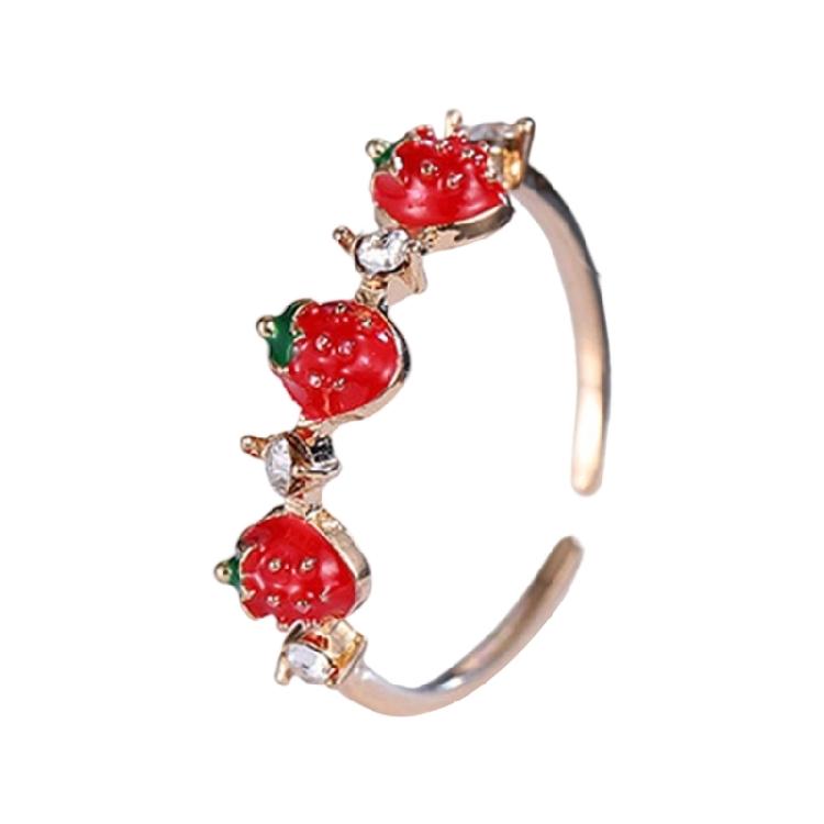 Delicate Strawberry Inspired Adjustable Ring With Faceted Cubic Zirconia Stones Polished Copper Base Fashionable Everyday Accessory