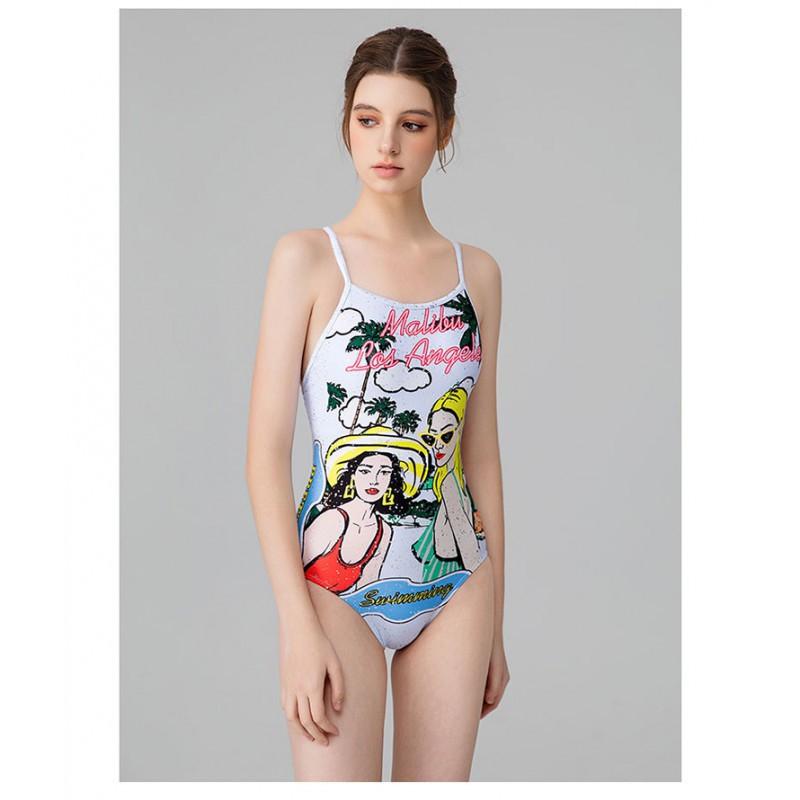 Siamese Beauty Print Sexy Leaky Back Racing Sports Tight-fitting Waist To Show Slimming Large Size Swimming Pool Hot Suit