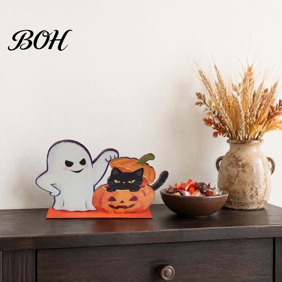 Decorative Wood Crafts Halloween Wooden Ghost And Pumpkin Black Cat Ornaments, Retro Indoor Party Ornaments Cartoon Tabletop Centerpiece Decorations