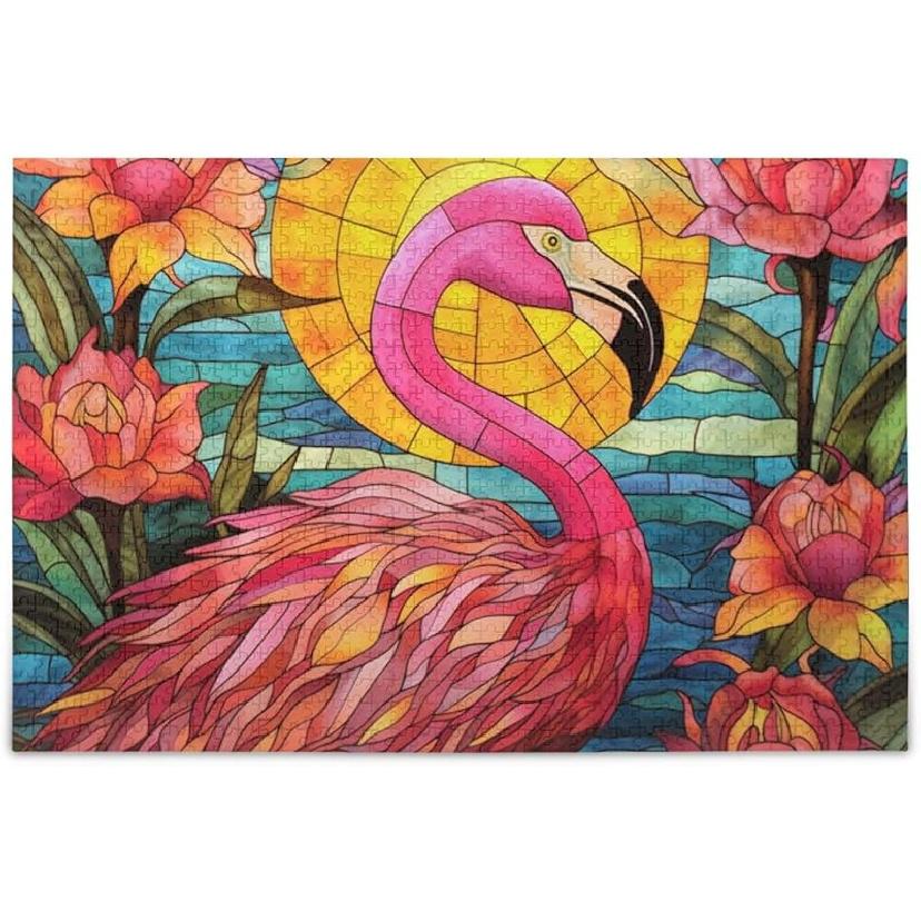 Stained Glass Flamingo Jigsaw Puzzle 500 Pieces, Zigsaw with Storage Bag and Reference Picture Easy to Solve