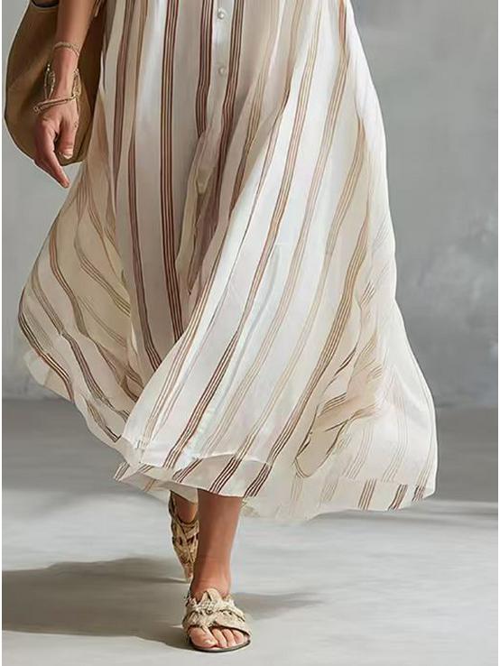 Bohemian Striped Sleeveless V-Neck Button Long Dress Adjustable 
