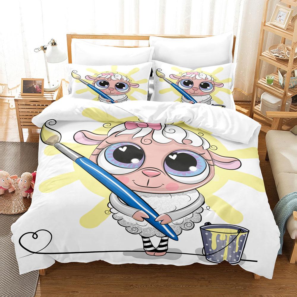 Cartoon Sheep Duvet Cover Set Cute White Sheep Flowers Pattern King Queen Full Size For Kids Boy Girl Gift Polyester Bedding Set