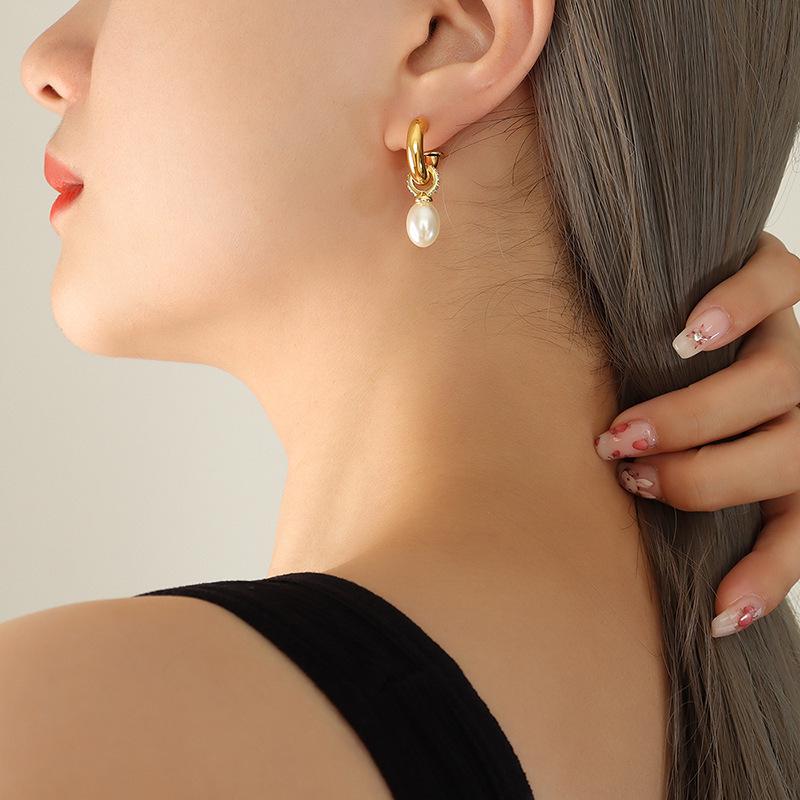 Baroque Faux Pearl C-shaped Stud Earrings - European and American Style Women s Titanium Steel Accessories