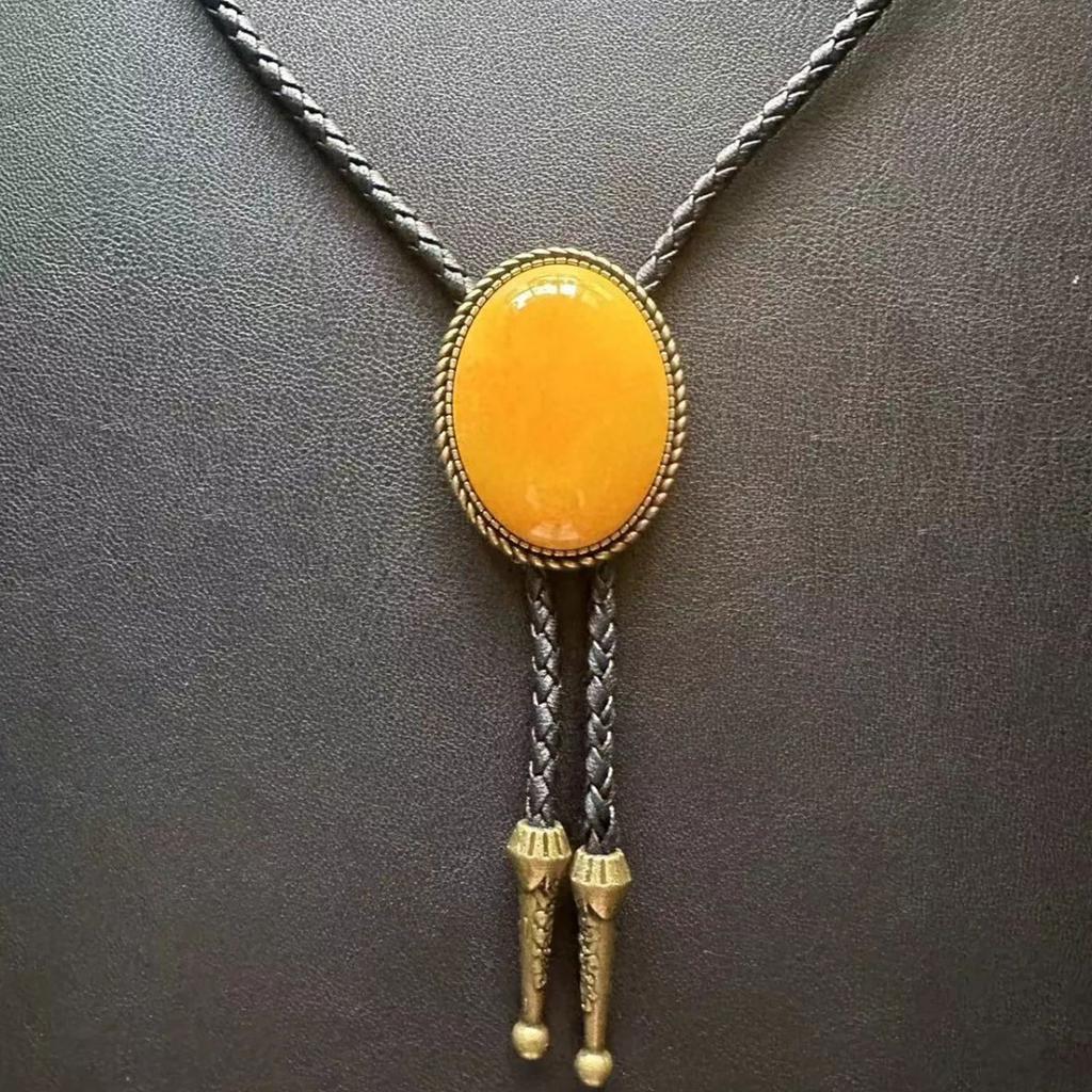 Men's Western Adjustable Bolo Tie with Stone Pendant Braided Leather Rope Necktie Shirt Collar Chain Jewelry Necklace