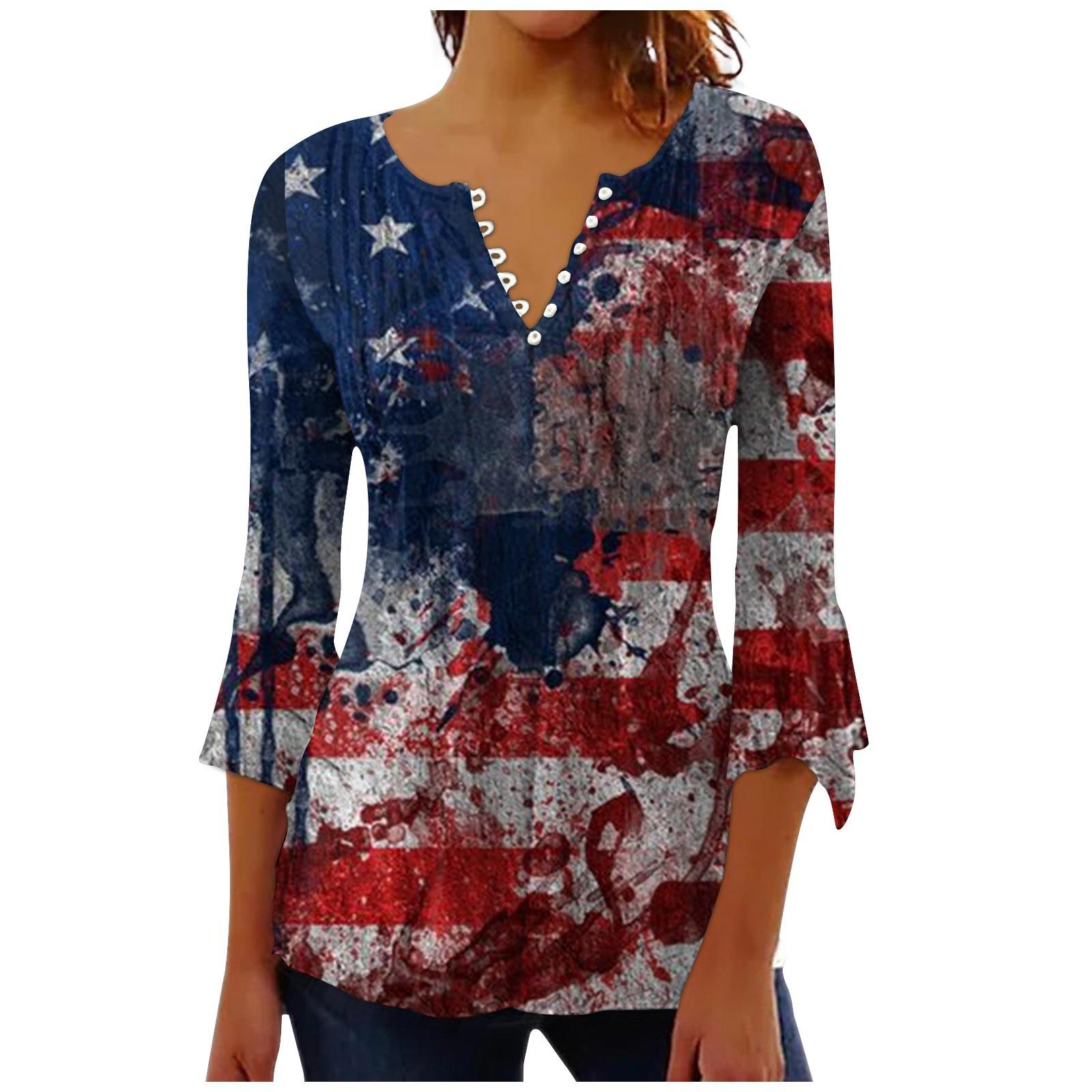 

Топ на пуговицах для женщин, топы с принтом ко Дню независимости, повседневный топ с рукавом 3/4 и V-образным вырезом XL винный