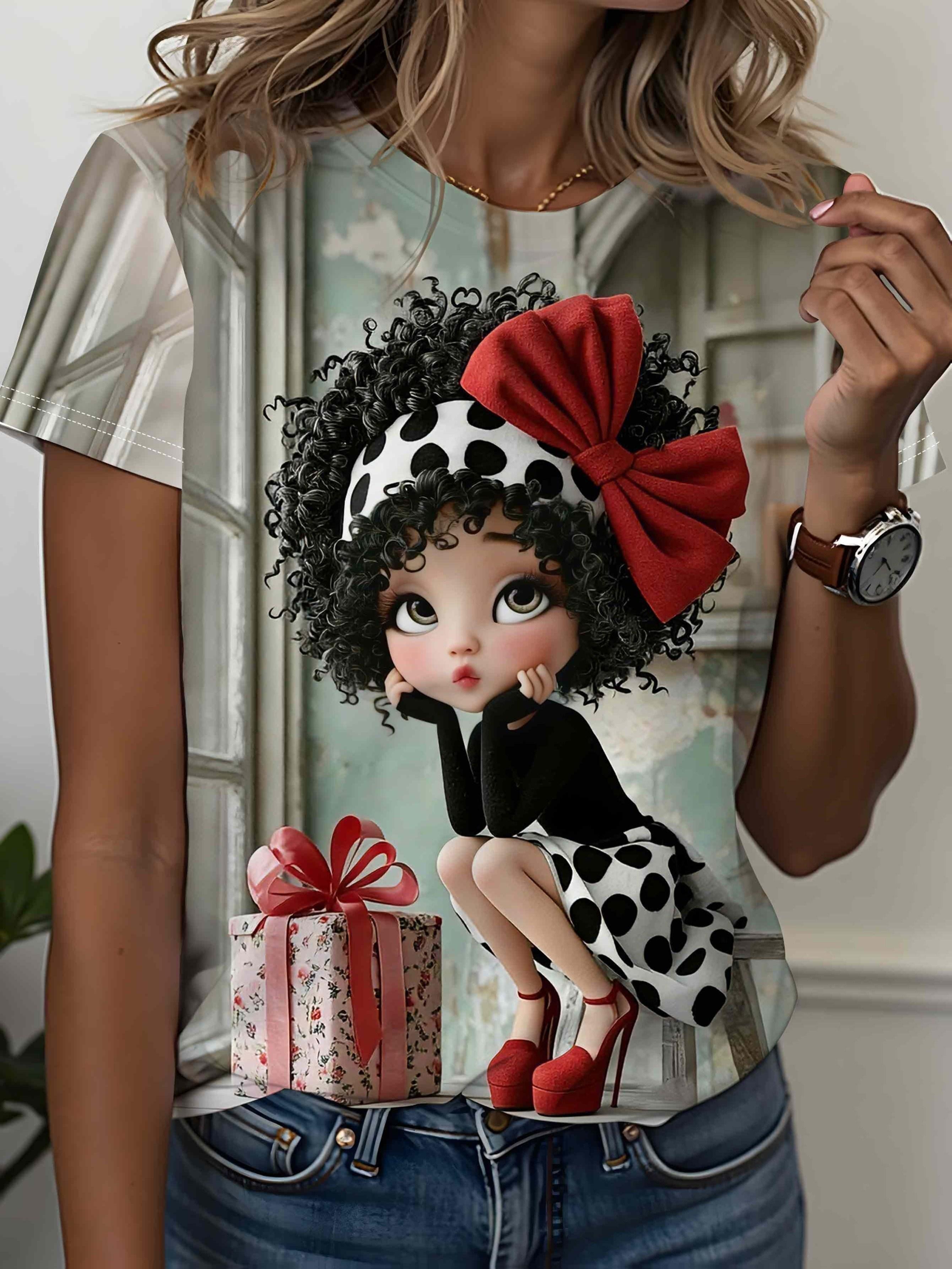 

Round Neck Short Sleeve Printed T-Shirt for Women. Women S Clothing. Digital Print. Full Print. Cute in Polka Dot Outfit. Sweet And Cool Casual Style. 3XL дубильная кора