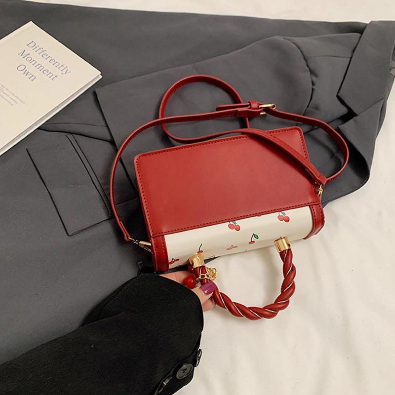 Women Cherry Square Bag PU Leather Sweet Cherry Crossbody Bag Adjustable Strap Sling Ladies Outdoor Small Handbags