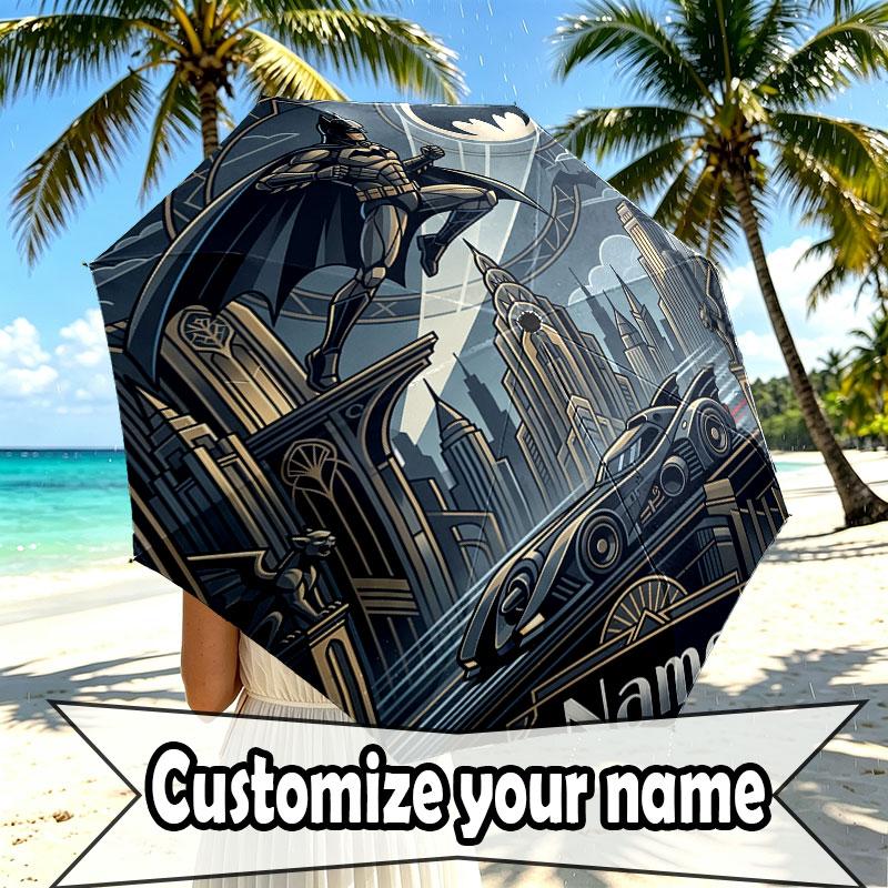 Custom Name Personalized Batman Print Umbrella, Auto Open Close, 8‑Rib Sturdy Frame, Commute Camping Hiking Use, Birthday Gift