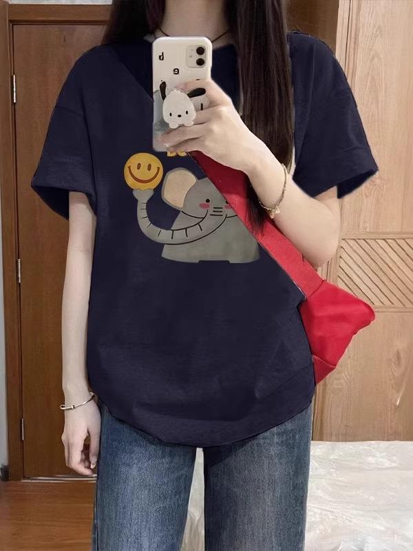 

Women s Plus Size Blue Cotton Short-Sleeve T-Shirt, New Summer 2025 Loose Fit with Slimming Design XL темно-синього кольору