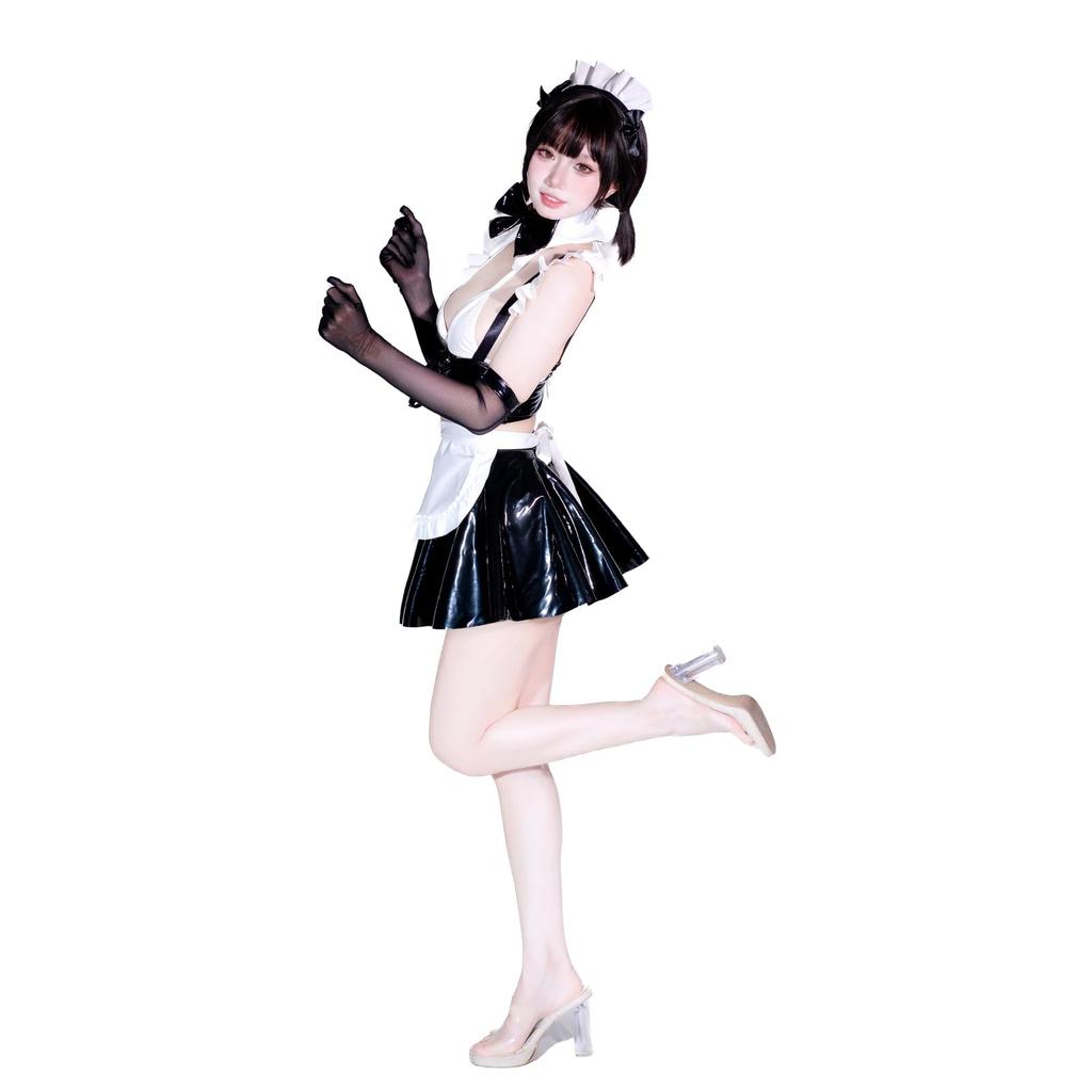 Maid Cosplay Sexy PU Leather Moe Demon Charming Cute Cute Bold Moe Lingerie Bodycon Enamel Costume Black Collar Bow Tie Tops Underwear Apron Mini