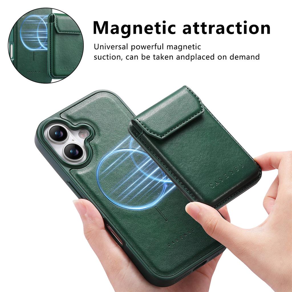CASENEO For iPhone 17 Magnetic Case PU Leather PC Phone Cover with Detachable Card Holder Kickstand Compatible with MagSafe