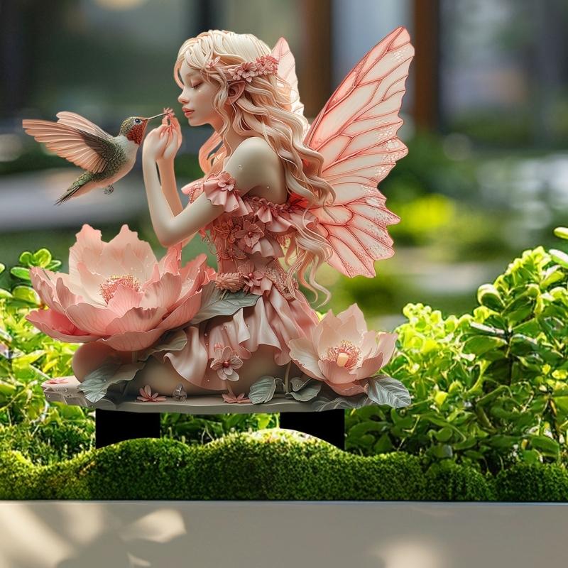 Transparents Acrylic Garden Art Stake Featuring Fairies Flower Pattern for Outdoor Home Decoration
