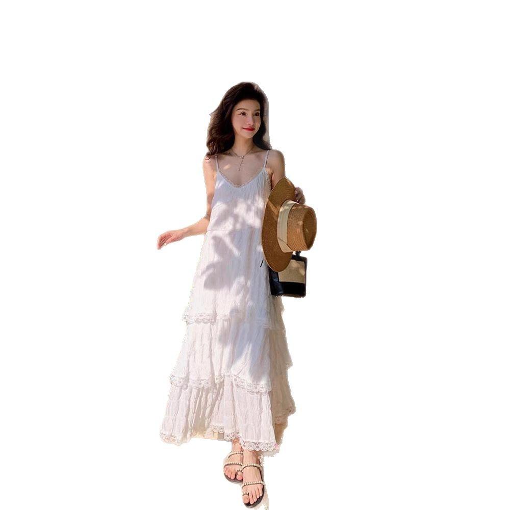 White Suspender Dress Women's Summer New Age-reducing Seaside Vacation Cake Skirt Beach Long Skirt