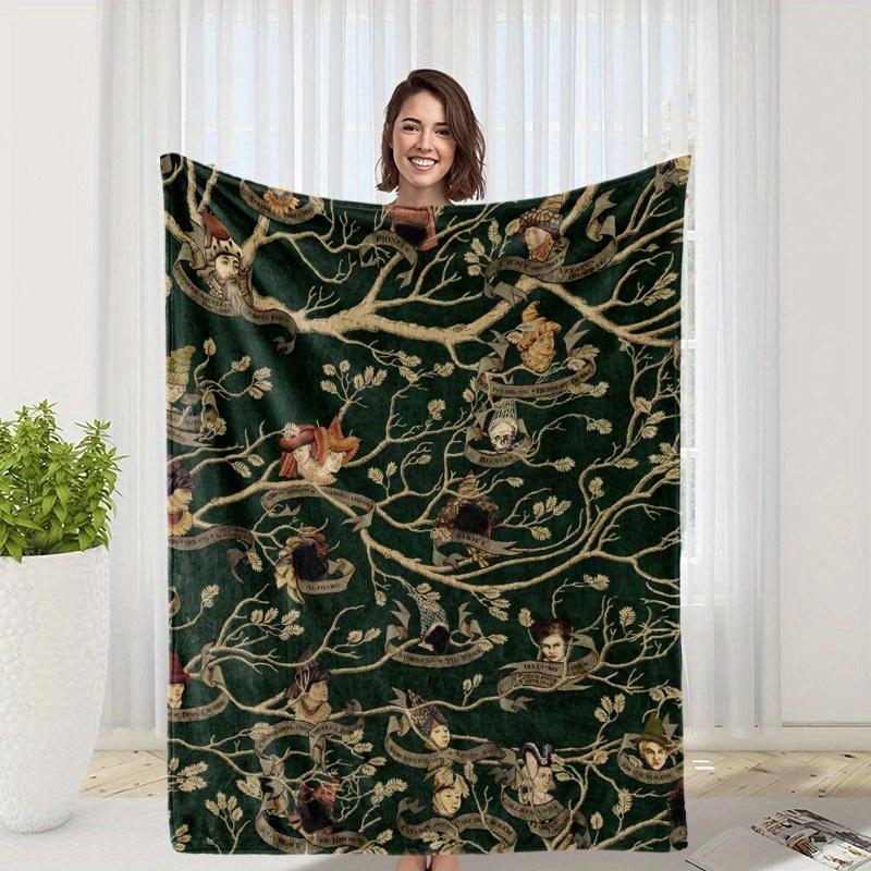 Black Family Tree Print Flannel Fleece Blanket - Soft, Warm and Cozy Digital Printed Polyester Knit Blanket, Fleece Blanket 130X150cm