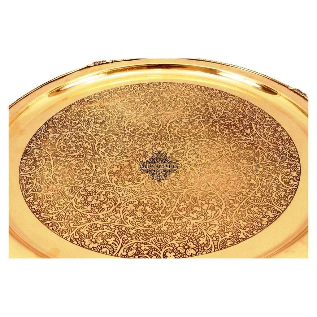 8" Shining Beautiful Flower Design Brass Plate Thali - Dinnerware Decorative Gift Item Tableware