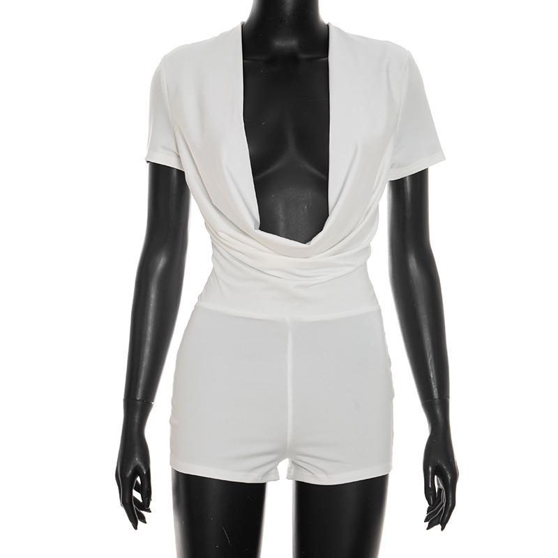 D25RP581 Solid Color Slim Fit Sexy Deep V Drape Neck Short Sleeve Jumpsuit Shorts