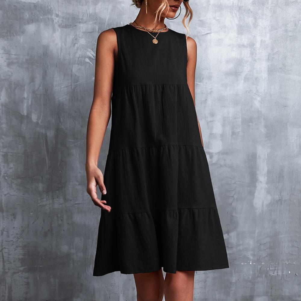 QICED Spring Summer Solid Color Print Sleeveless O-Neck Loose Swing Patchwork Cake Dress