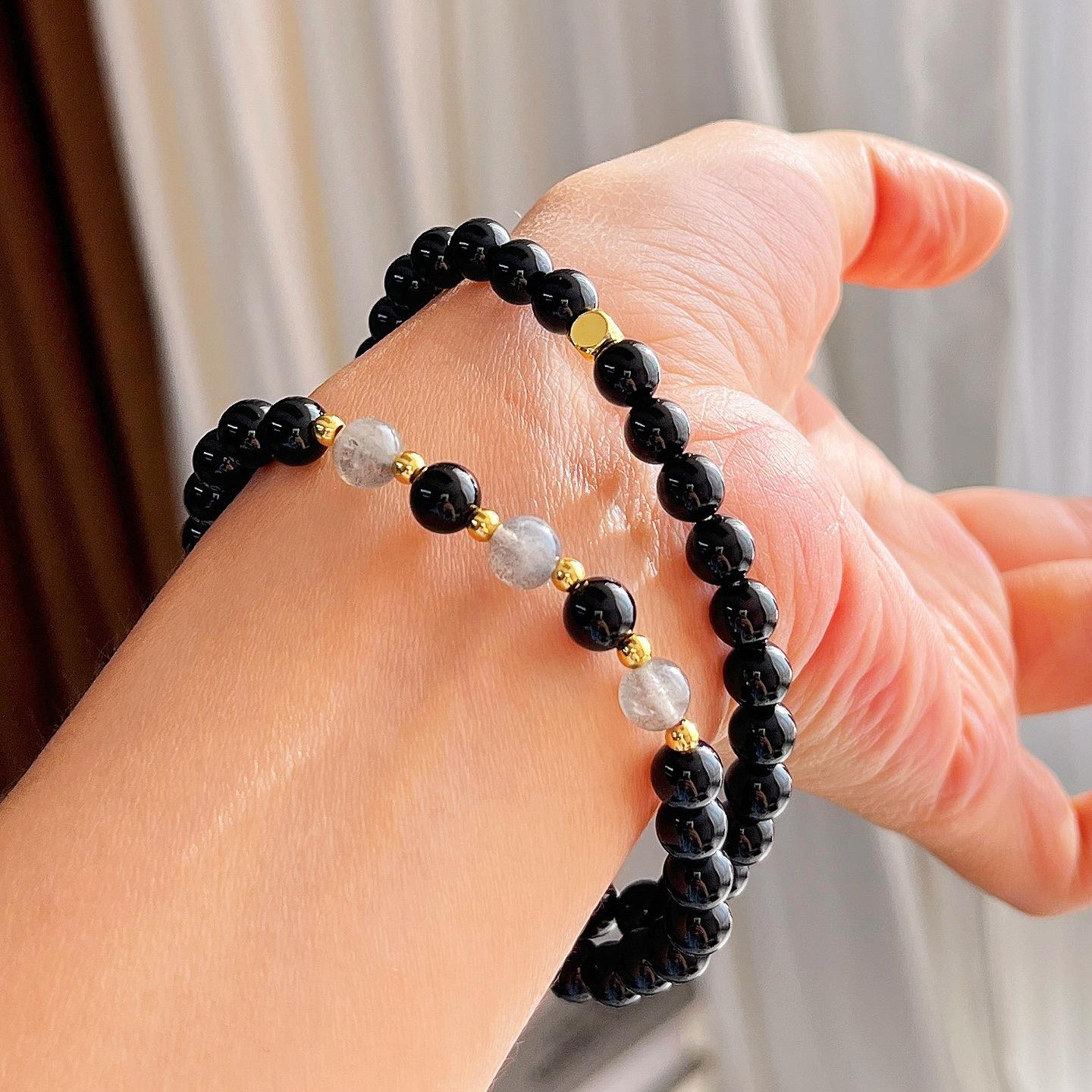 Retro Natural Black Agate Gray Moonstone Multi-Circle Design Bracelet Bracelet