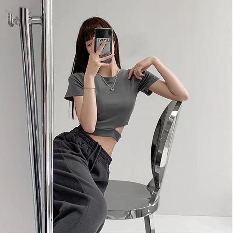 

Футболка с короткими рукавами и неровным разрезом, открывающая талию, для женщин, летняя однотонная футболка с круглым вырезом, пустая короткая футболка для женщин One size серый