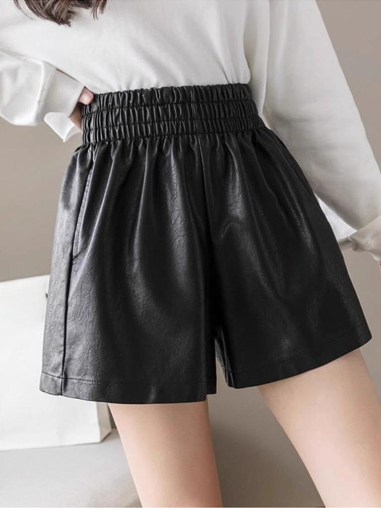 Women's 2023 Autumn/Winter PU Leather A-Line Shorts, High Waist, Loose Fit, Casual Slim Boot Style