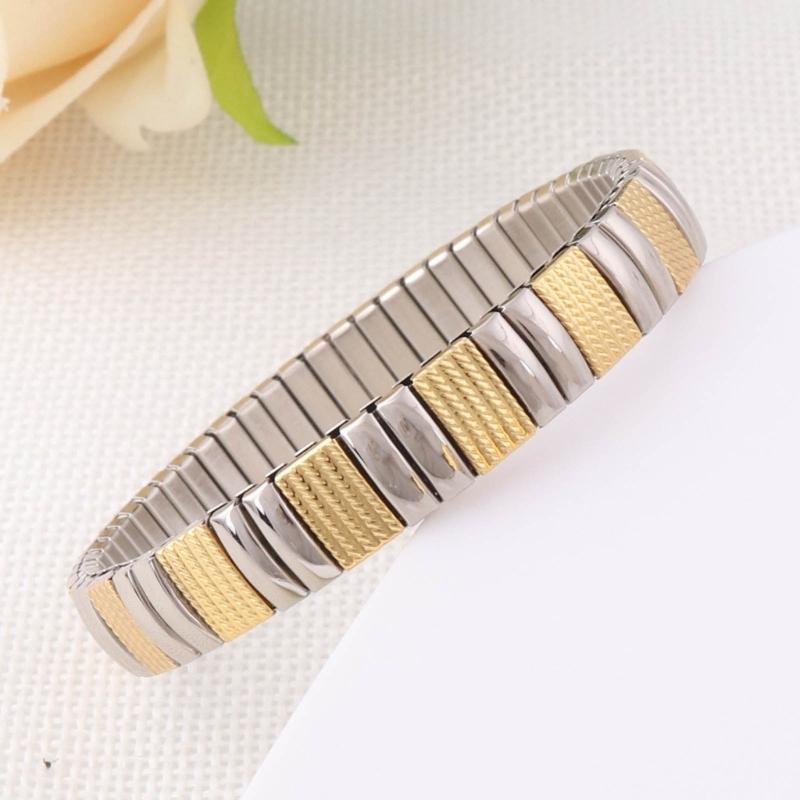 Jewelry Stainless Steel Stretch Bracelet for Women, Flexible Wide Wristband Bangle Bracelets Decorated Golden Pattern
