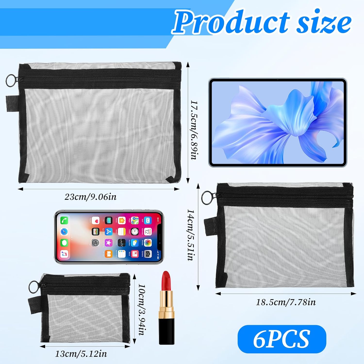 6PCS Mesh Zipper Pouch, Travel Makeup Bag Mesh Cosmetic Bags, Beauty Makeup Cosmetic Accessories Organizer, Travel Toiletry Kit Set Storage Case,