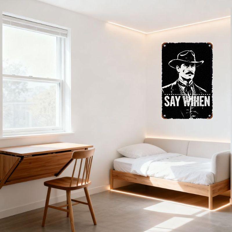 Vintage Black & White Tin Sign 'SAY WHEN' with Distressed Man In Hat Suit Cravat - Rustic Metal Wall Decor for Bar Man Cave Cafe