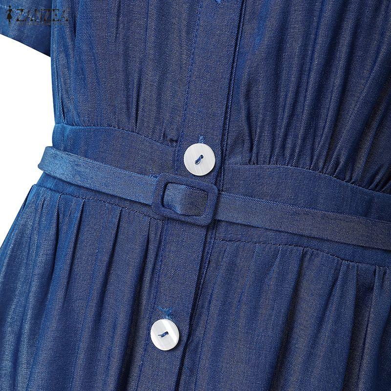 ZANZEA Women Turn Down Collar Summer Casual Short Sleeve Long Dress