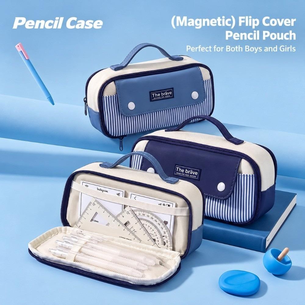 1Pc Color-Blocking Pencil Case Striped Print Stationery Pouch Durable Stationery Storage Bag Boys