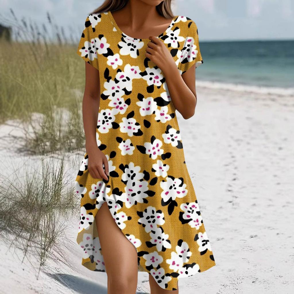 Damska letnia sukienka z krótkim rękawem, okrągłym dekoltem, kwiatowym nadrukiem, w stylu bohemy, z kieszeniami