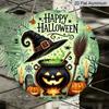 2D Flat, 1pc Happy Halloween Witch Metal Sign, Round Aluminum Decor with Spooky Cauldron, Bats and Jack-O'-Lantern- Vintage Art for Yard, Office