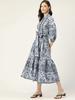 HandBlock Print Dress Jaipur Morni Cotton Summer Midi Dress Blue Cotton Shirt Dress with Belt,pockets