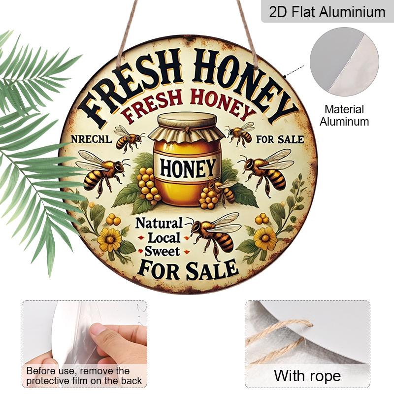 2D Flat Retro Fresh Honey Discount Aluminum Wall Logo-8x8 Inch Country Farmhouse Decoration with Bee and Jar Art, Humorous Kitchen Plaque Suitable