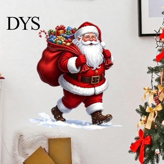 Xmas Gift for Family Christmas Wall Stickers, Cartoon Santa Claus Carrying Bag Decal, Peel And Stick Reusable Indoor Outdoor Decor Full of Gifts