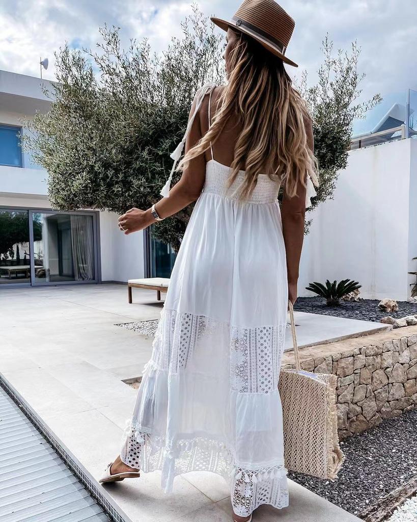 Europäisches und amerikanisches Außenhandels-Damenkleid, lässiges ärmelloses langes Kleid mit Spitzenverzierungen
