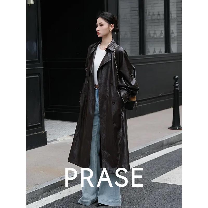 PRASE Elegant Faux Leather Trench Coat 2XL