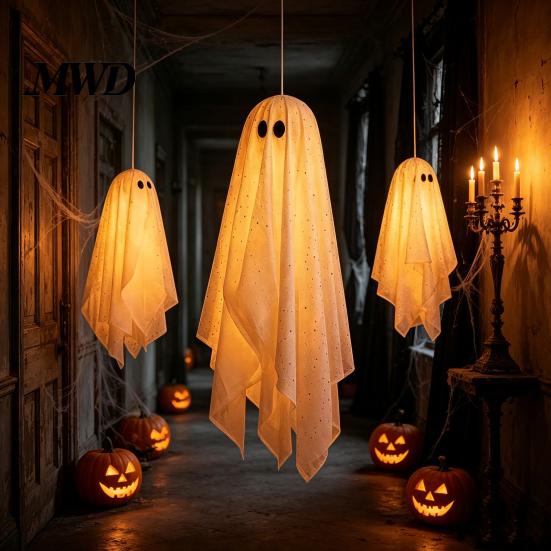 Glowing Halloween Scene Accessories 3Pcs Lighted Hanging Ghost Decorations,Glowing Warm LED Floating Ghosts, Swinging Creepy Yard Decorations
